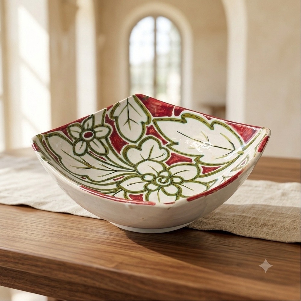 Italian Hand Painted Pottery Serving Bowl Floral Leaf Square Dish Signed